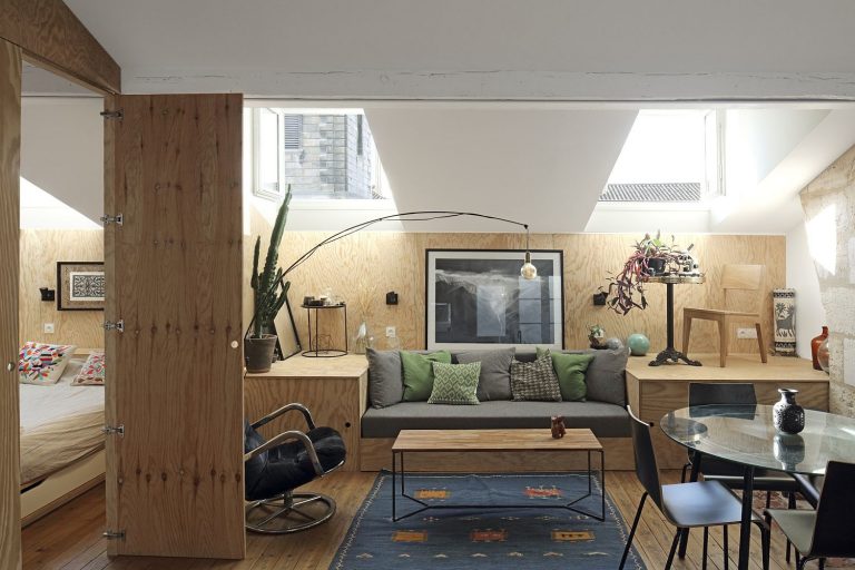 Tiny Apartment with an Innovative Wooden Platform that Morphs into Décor!