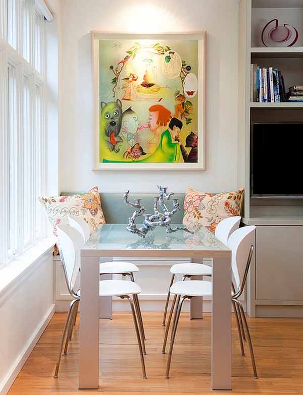 Eclectic dining room with a window seat