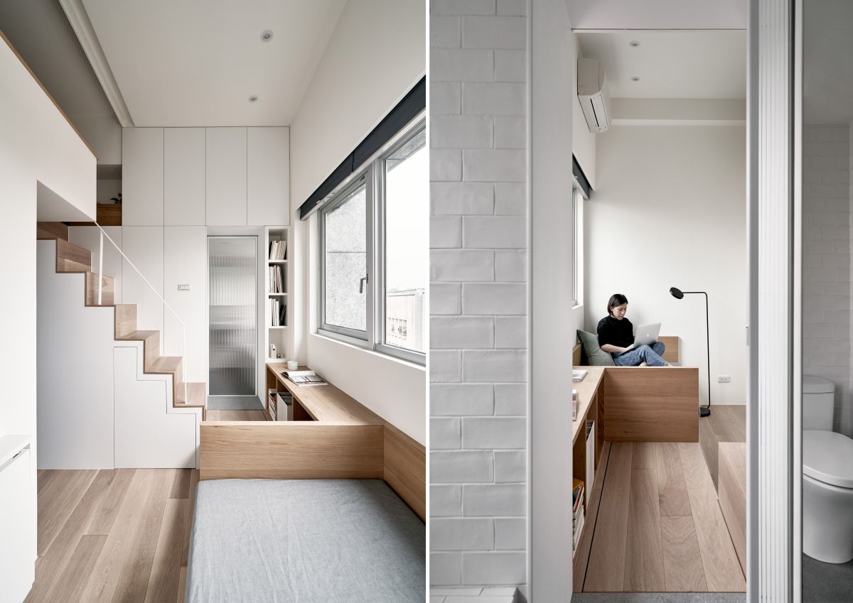 Given the very reduced proportions of the apartment, the palette of colors and materials used throughout are minimal