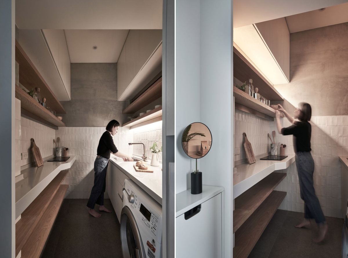 The new kitchen is more spacious than the original, with sufficient storage and room for a washing machine