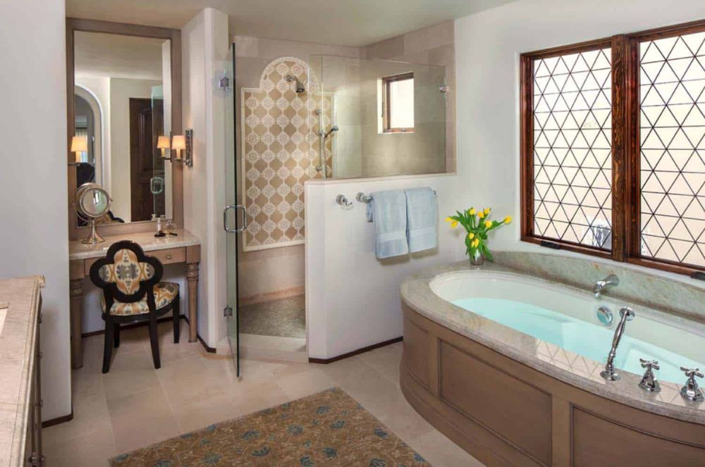 The house has four and a half baths, all infused with Mediterranean influences