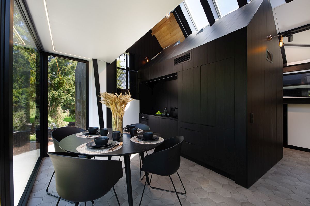 The kitchen looks like a miniature version of the house, all black and with its own pitchef roof