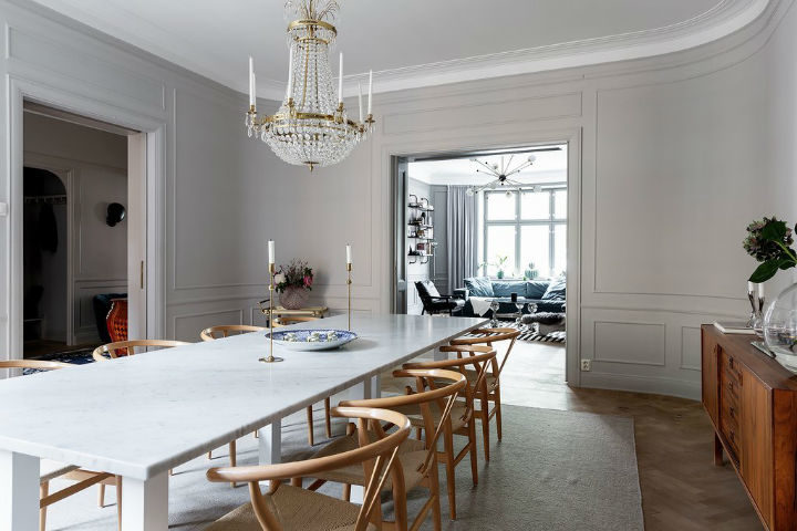 Scandinavian dining room decor with light grey walls 2