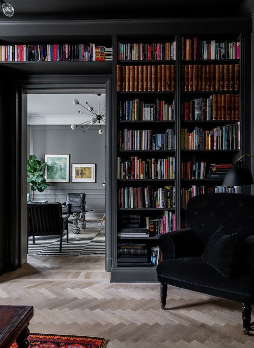 black built in home library
